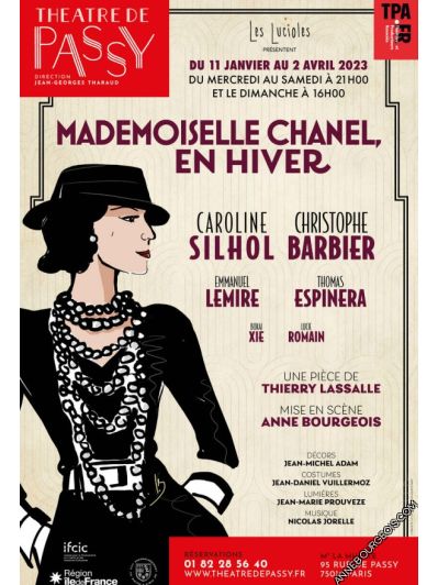 Affiche du spectacle "Mademoiselle Chanel en Hiver", une pièce mise en scène par Anne Bourgeois