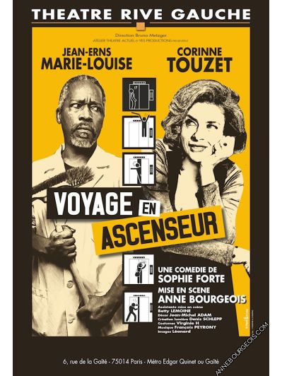 Affiche du spectacle "Voyage en ascenseur", pièce de théâtre mise en scène par Anne Bourgeois, avec Corinne Touzet